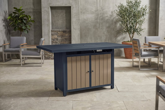 East Beach 70" Outdoor Bar Table with Propane Fire Pit & Storage
