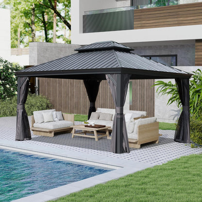 Crefise Patio Life 10' x 13' Hardtop Gazebo with Galvanized Steel Double Roof, Curtains & Netting