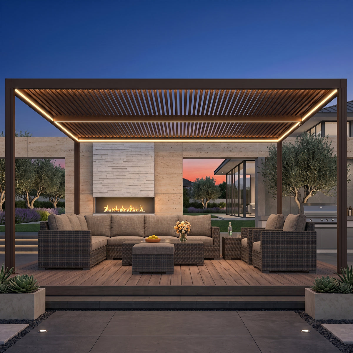 Alora Aluminum Louvered Pergola with Adjustable Roof & LED Lights – Multiple Sizes