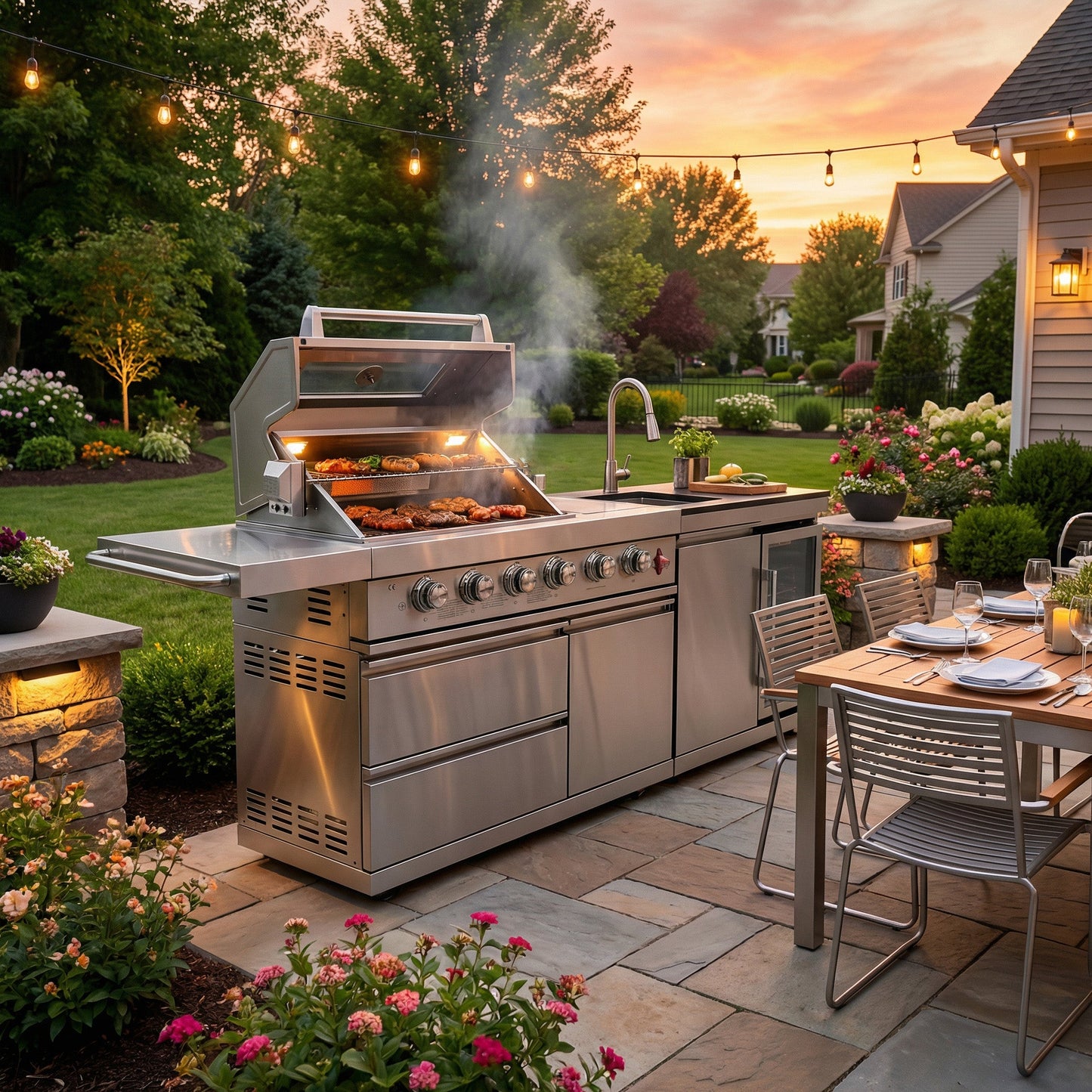 The Sterling 84" 6-Burner Stainless Steel Outdoor Kitchen with Refrigerator, Sink & Rotisserie