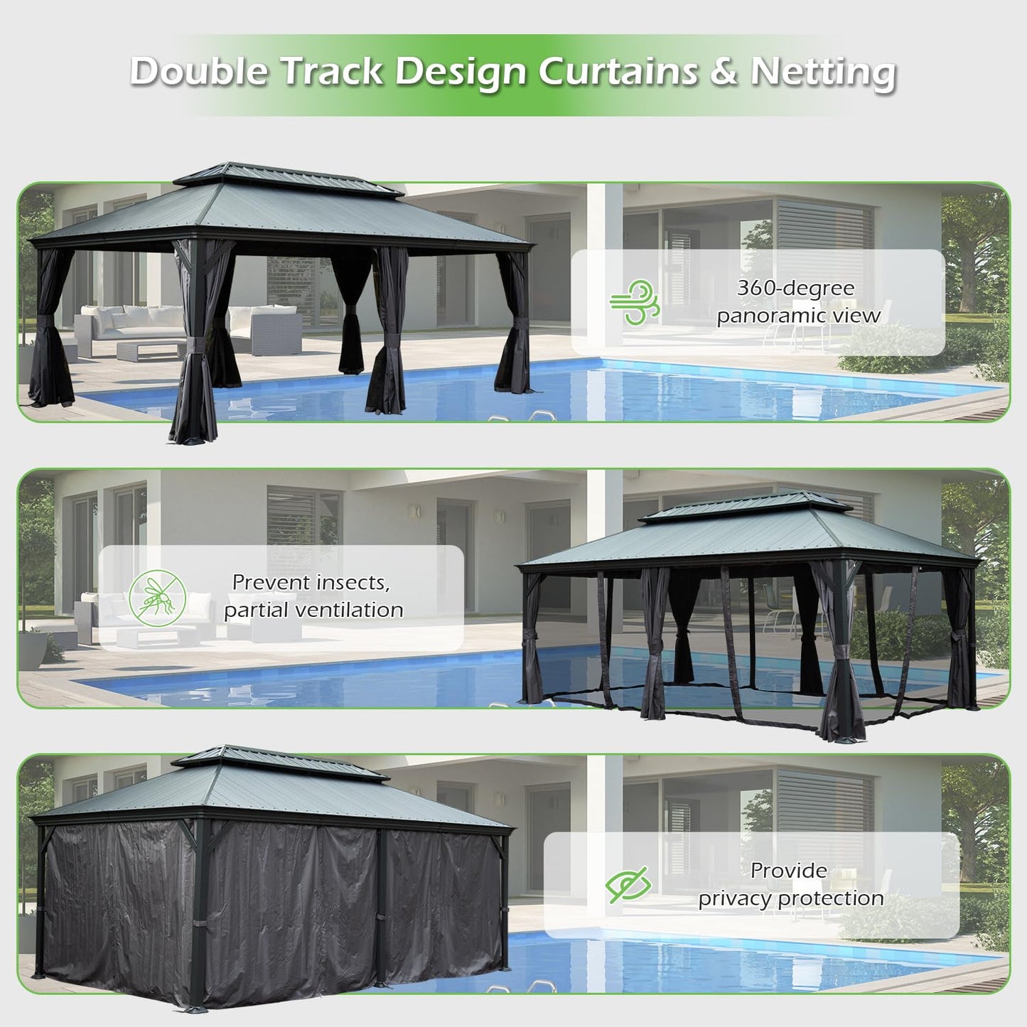 Crefise Patio Life 14' x 24' Hardtop Gazebo with Resin Roof, Curtains & Netting