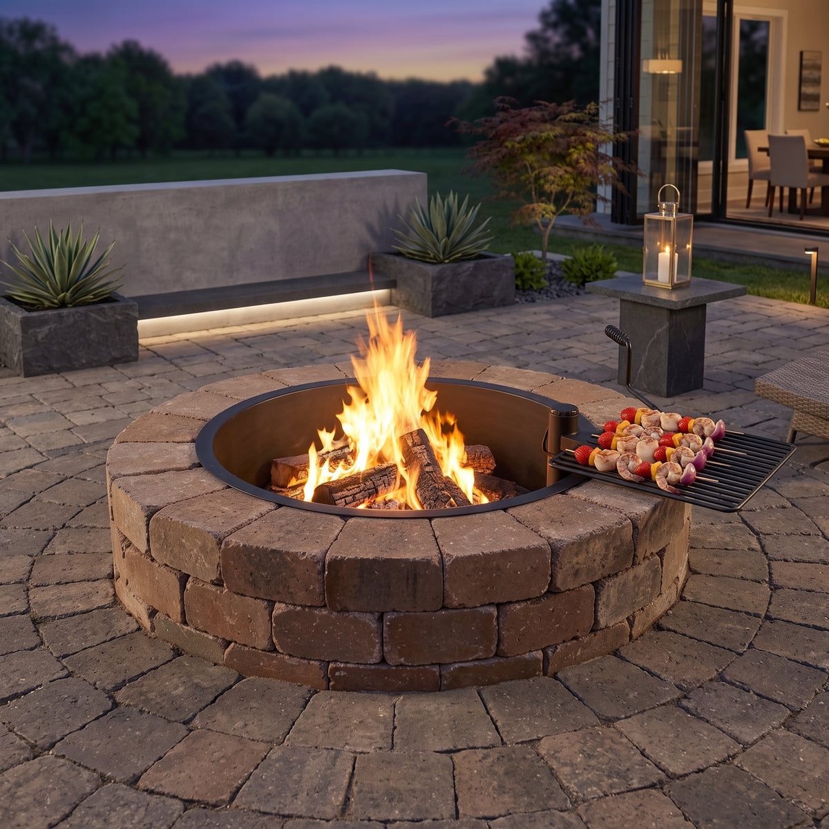 48" Round Stone Wood-Burning Fire Pit Kit with Cooking Grill