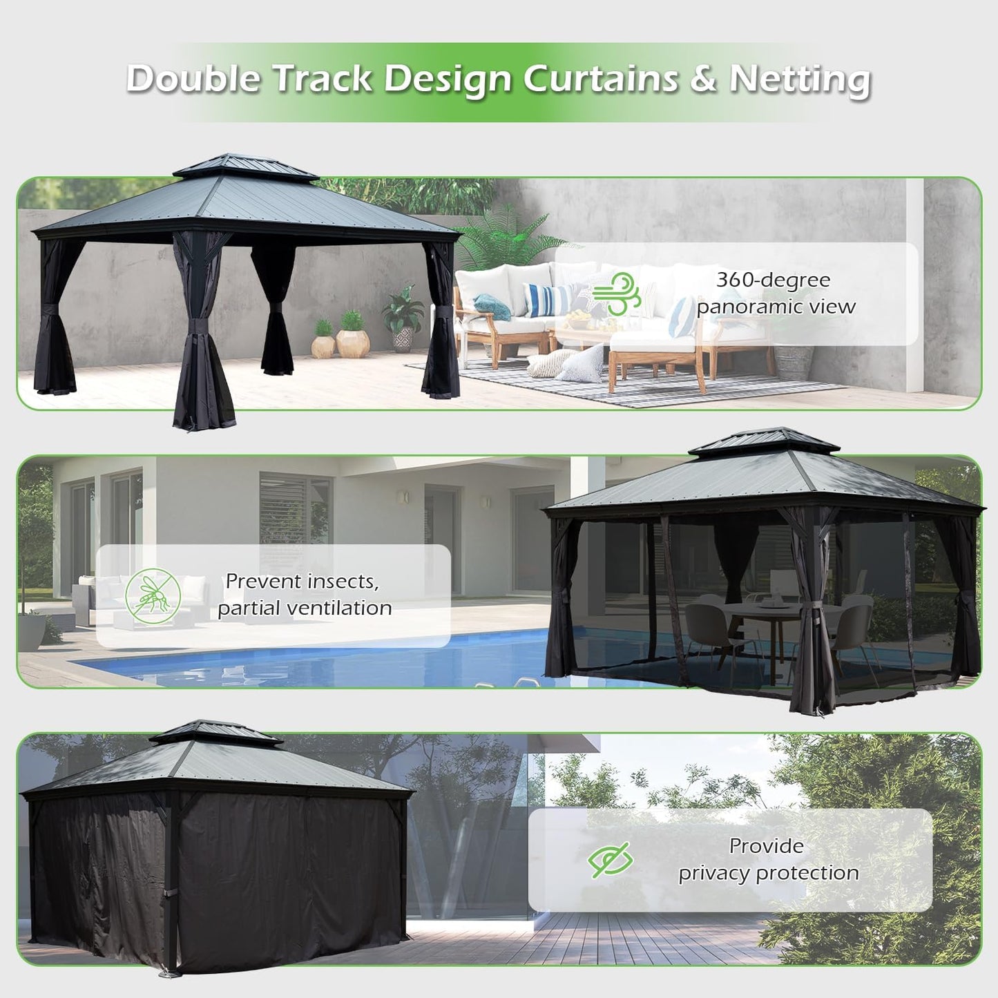 Crefise Patio Life 12' x 16' Hardtop Gazebo with Resin Roof, Drainage Gutters, Curtains & Netting