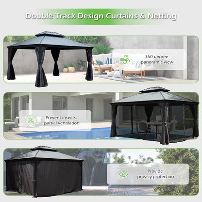 Crefise Patio Life 12' x 16' Hardtop Gazebo with Resin Roof, Drainage Gutters, Curtains & Netting