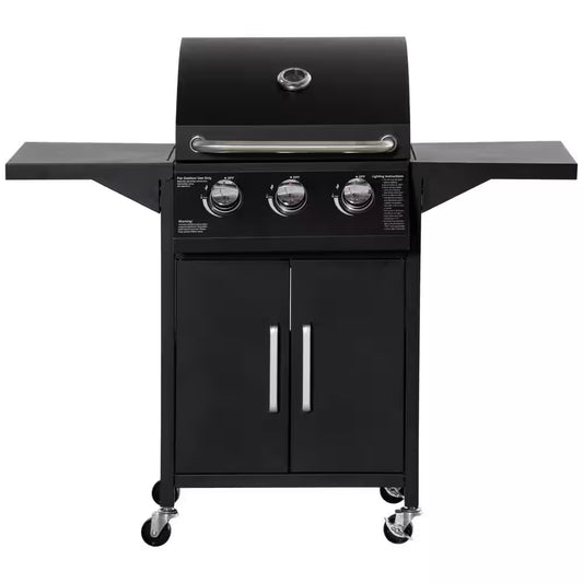 Outdoor 3 Burner Gas Grill, Propane, Portable Smoker in Black with Wheels, Warming Rack