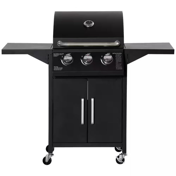 Outdoor 3 Burner Gas Grill, Propane, Portable Smoker in Black with Wheels, Warming Rack