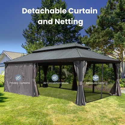 Crefise Patio Life 14' x 22' Hardtop Gazebo with Galvanized Steel Roof, Curtains & Netting
