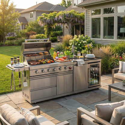 The Sterling 84" 6-Burner Stainless Steel Outdoor Kitchen with Refrigerator, Sink & Rotisserie