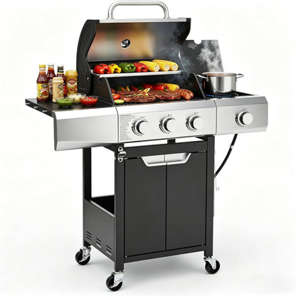 3 Burner Propane Gas Grill with Side Burner, 40,500 BTU Stainless Steel BBQ Grill, 380 Sq.In Cooking Area, Cast Iron Grates, Outdoor Gas Grill for Patio, Backyard, Garden & Outdoor Cooking