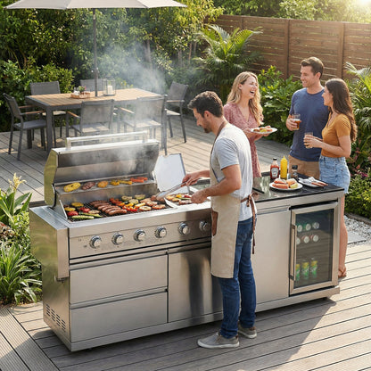 The Sterling 84" 6-Burner Stainless Steel Outdoor Kitchen with Refrigerator, Sink & Rotisserie