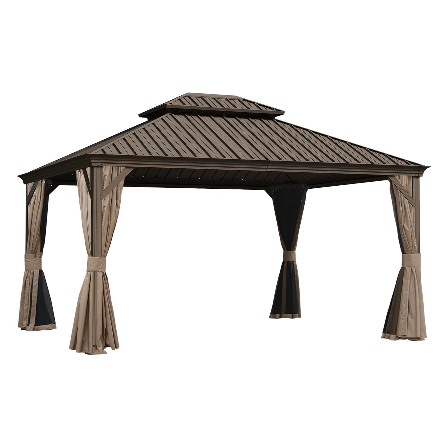 Crefise Patio Life 10' x 13' Hardtop Gazebo with Galvanized Steel Double Roof, Curtains & Netting