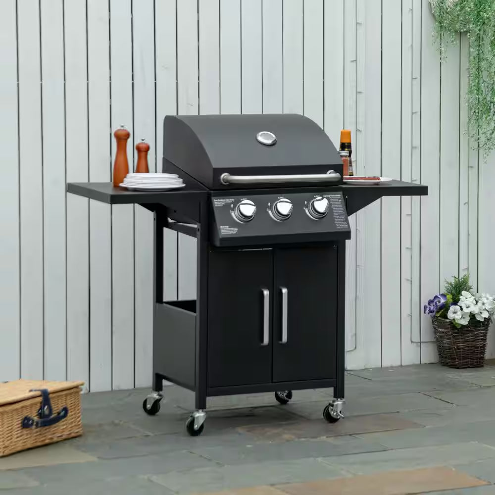 Outdoor 3 Burner Gas Grill, Propane, Portable Smoker in Black with Wheels, Warming Rack