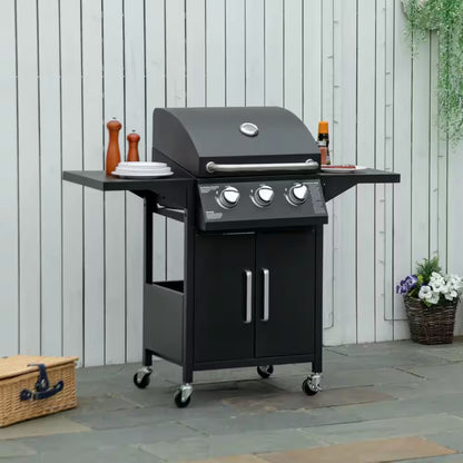 Outdoor 3 Burner Gas Grill, Propane, Portable Smoker in Black with Wheels, Warming Rack
