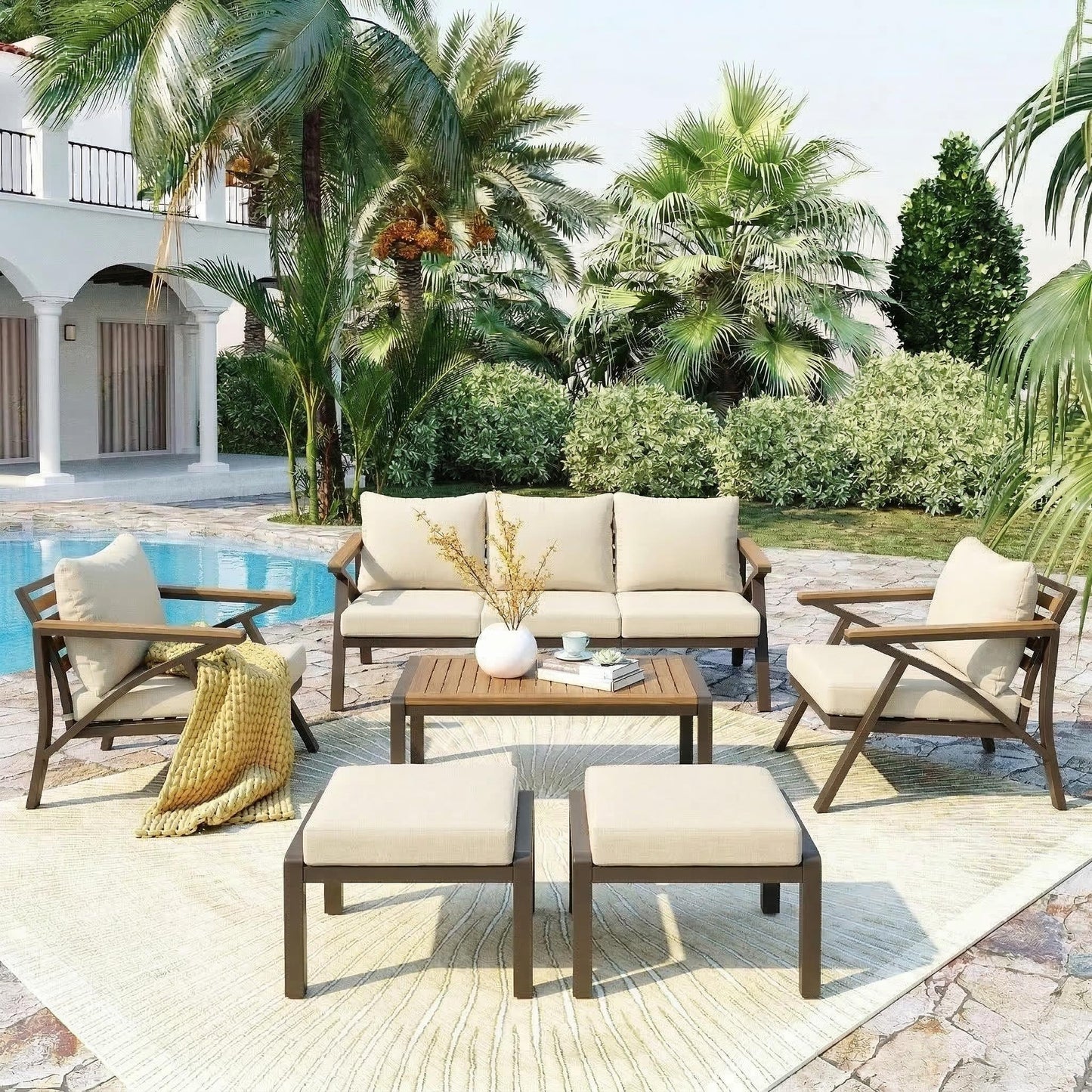 6-Piece Modern Outdoor Conversation Set with Acacia Wood Accents & Cushions
