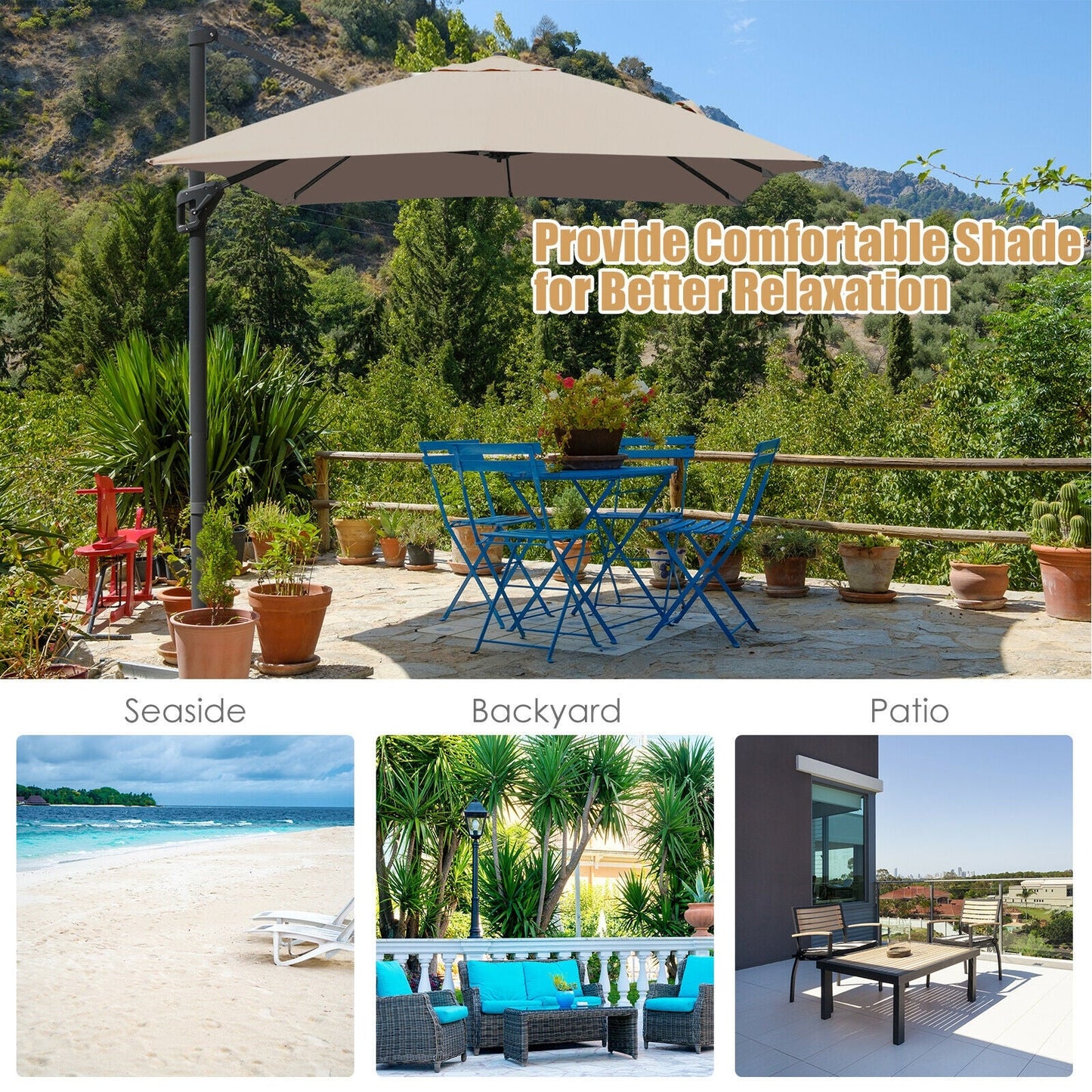 10 x 13 Feet Rectangular Cantilever Umbrella with 360¬∞ Rotation Function-Brown