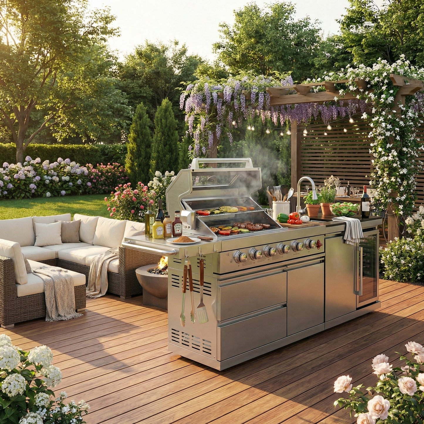 The Sterling 84" 6-Burner Stainless Steel Outdoor Kitchen with Refrigerator, Sink & Rotisserie