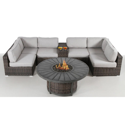 All-Weather 4-Person Patio Sofa Set with Fire Pit & Side Table – Brown