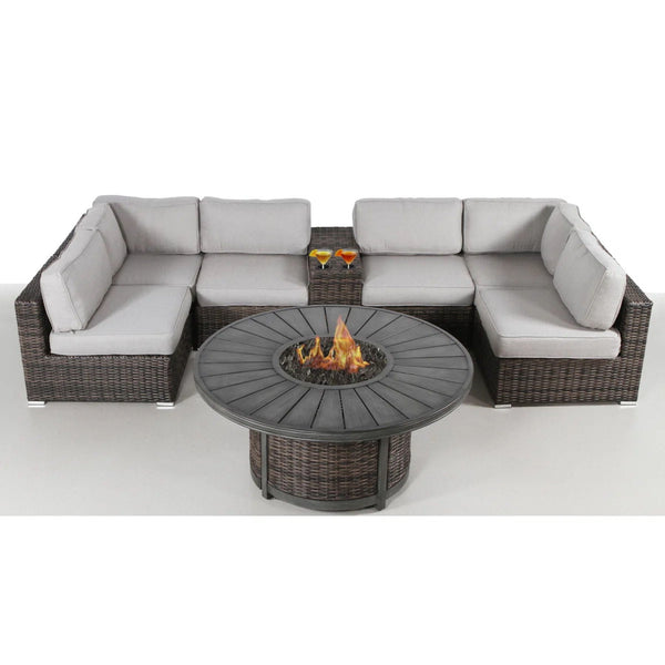 All-Weather 4-Person Patio Sofa Set with Fire Pit & Side Table – Brown