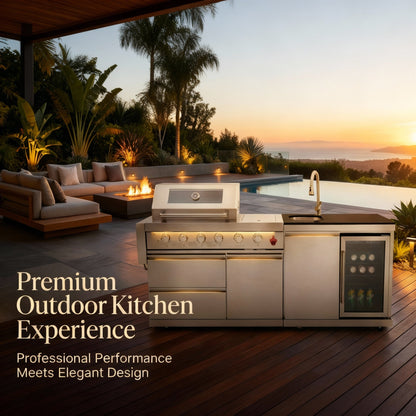 The Sterling 84" 6-Burner Stainless Steel Outdoor Kitchen with Refrigerator, Sink & Rotisserie