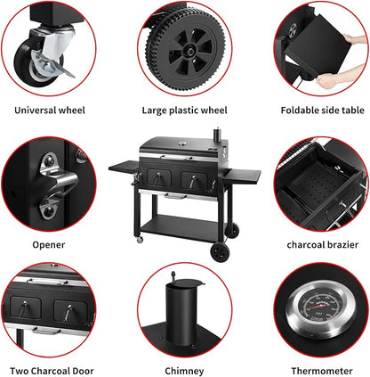 Charcoal Grill Outdoor BBQ Grill, Extra Large Cooking Area 794 Square Inches with Two Individual & Adjustable Charcoal Tray, Foldable Side Tables for Outdoor Cooking Backyard Camping Picnics By DNKMOR