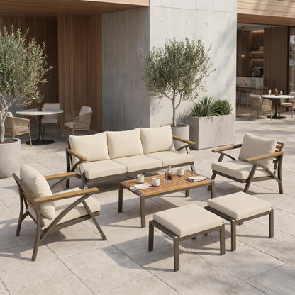 6-Piece Modern Outdoor Conversation Set with Acacia Wood Accents & Cushions