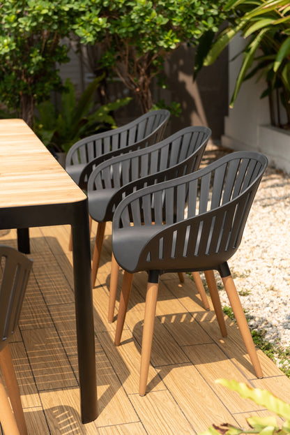 Portals Dark Rectangular Teak Table and 8 Nassau Black Dining Set