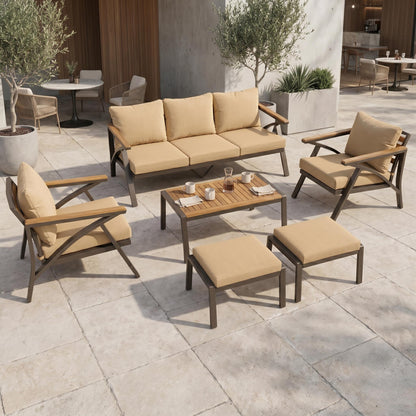6-Piece Modern Outdoor Conversation Set with Acacia Wood Accents & Cushions