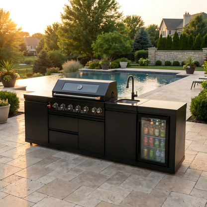 The Sterling 6-Burner Stainless Steel Outdoor Kitchen with Wine Cooler & Marble Countertops