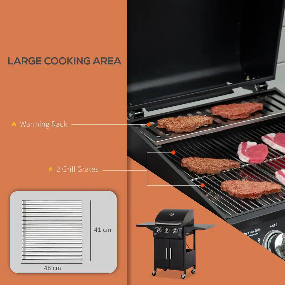 Outdoor 3 Burner Gas Grill, Propane, Portable Smoker in Black with Wheels, Warming Rack