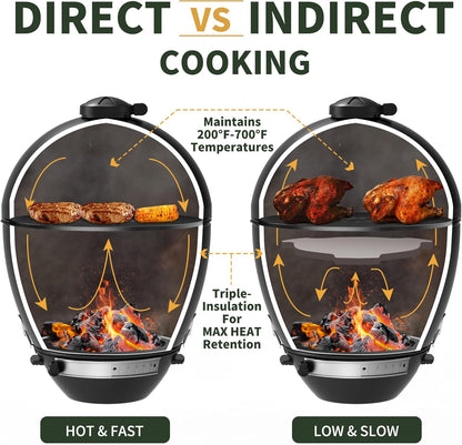 Brand-Man RODEO Steel Kamado Charcoal Grill & Smoker - 22" Cast Iron Grates, Grilling Basket, Large Prep Table Cart, Ideal for Outdoor Cooking