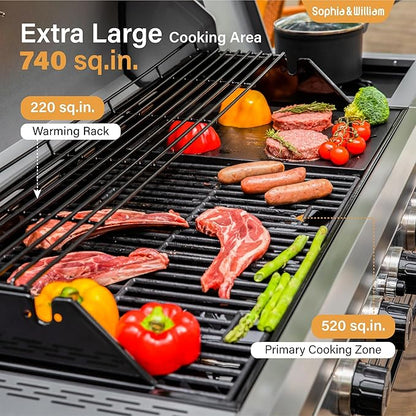 Sophia & William 6-Burner Propane Gas BBQ Grill with Side Burner & Porcelain-Enameled Cast Iron Grates, Gas Grill Griddle Combo for Outdoor Cooking, Barbecue Events, 740 SQ.IN. Cooking Area, Black