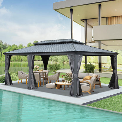 Crefise Patio Life 14' x 22' Hardtop Gazebo with Galvanized Steel Roof, Curtains & Netting