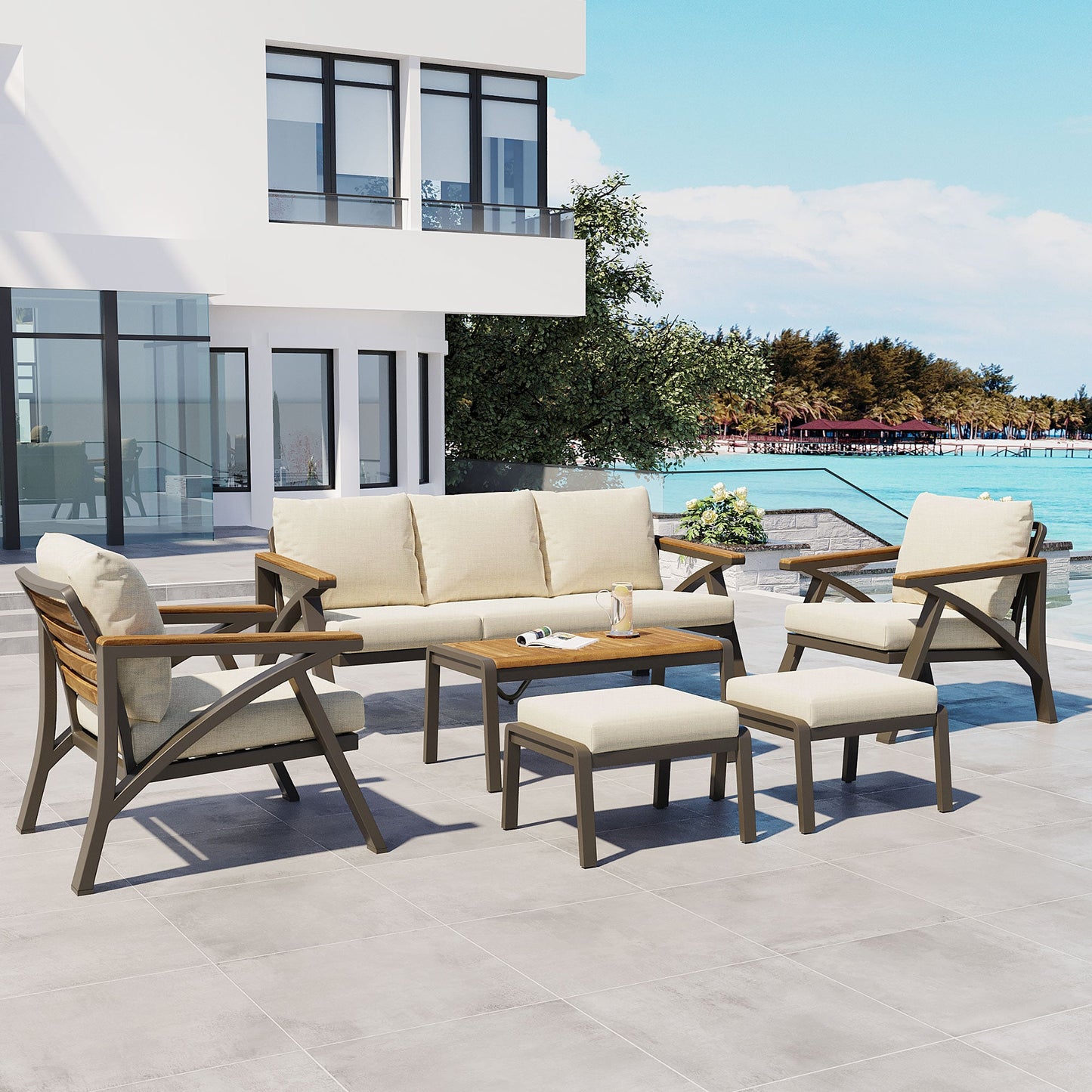 6-Piece Modern Outdoor Conversation Set with Acacia Wood Accents & Cushions