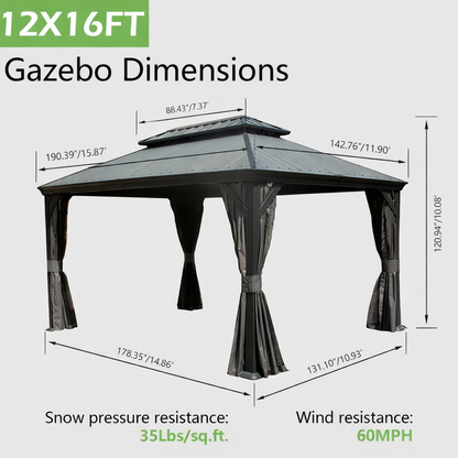 Crefise Patio Life 12' x 16' Hardtop Gazebo with Resin Roof, Drainage Gutters, Curtains & Netting