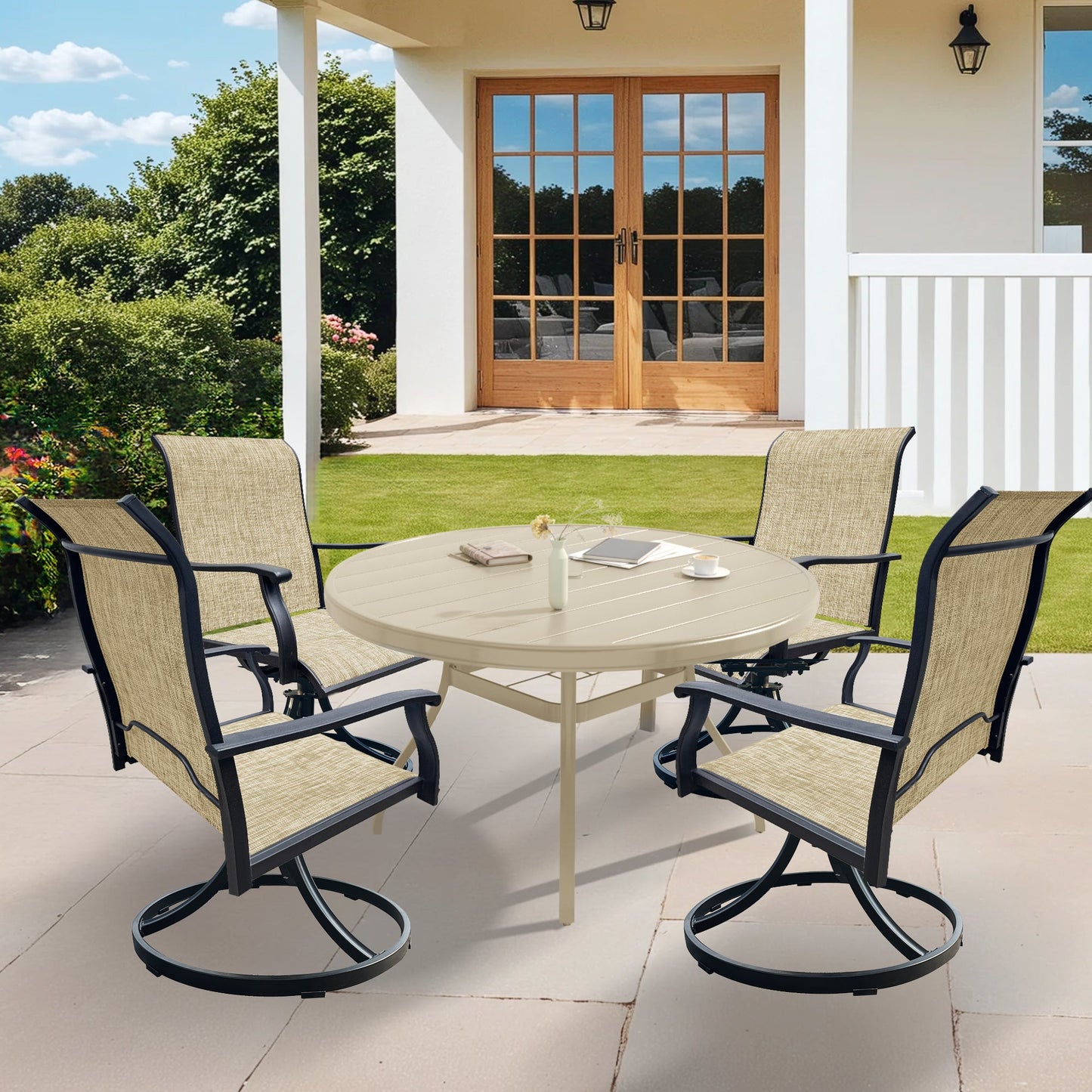 5-Piece Outdoor Dining Set with 360° Swivel Chairs & Round Patio Table