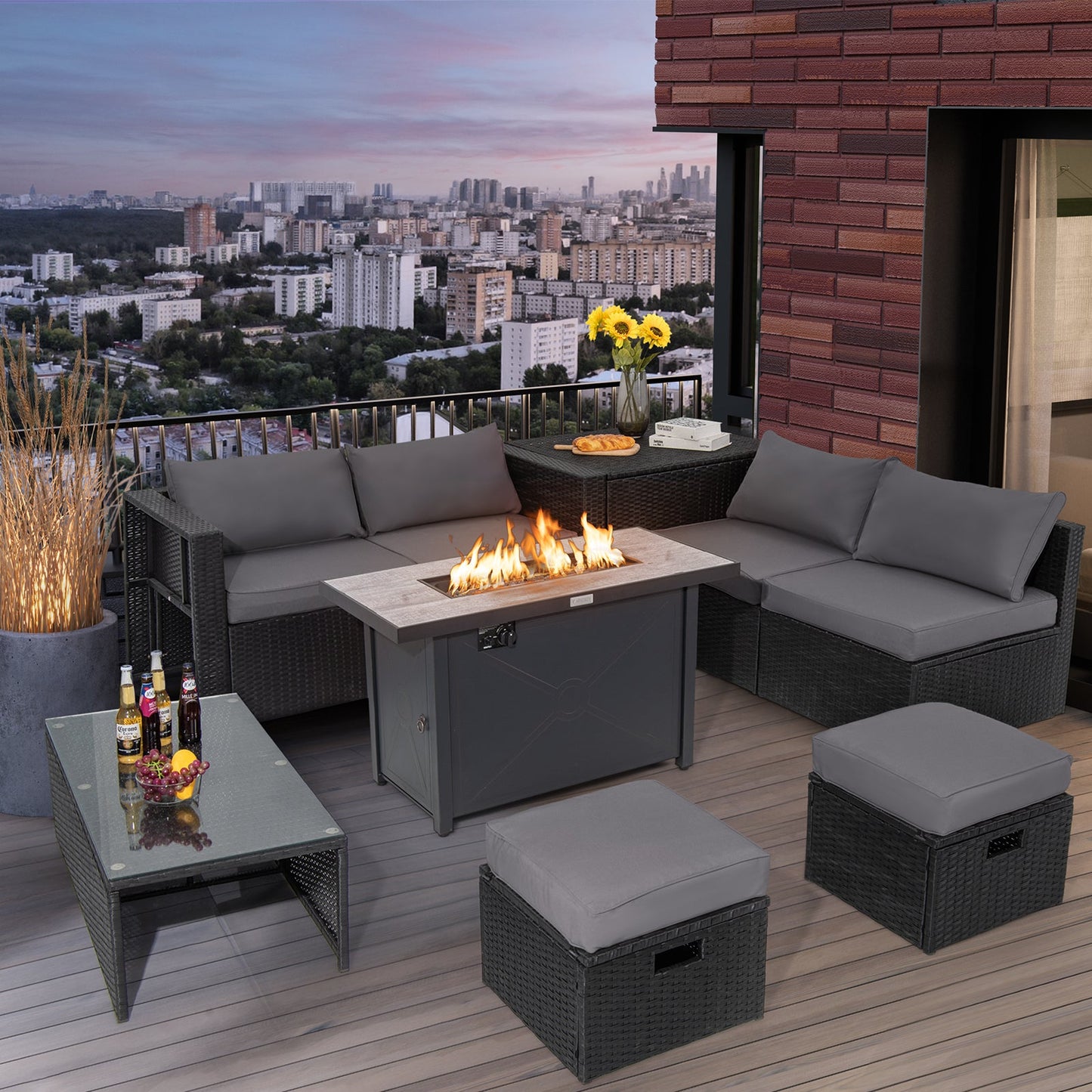 9 Pieces Outdoor PE Rattan Wicker Sectional Sofa with 42 Inch 60 000 BTU Gas Fire Pit Table