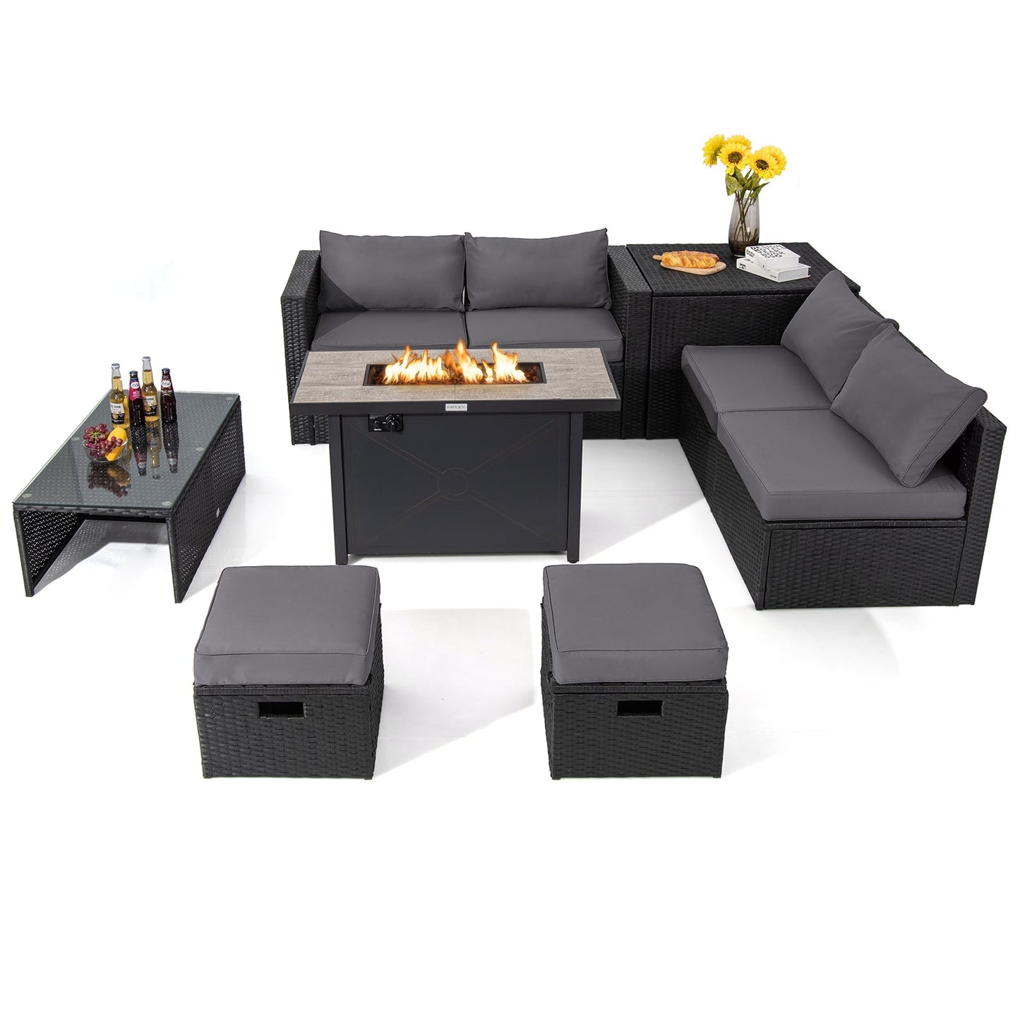 9 Pieces Outdoor PE Rattan Wicker Sectional Sofa with 42 Inch 60 000 BTU Gas Fire Pit Table
