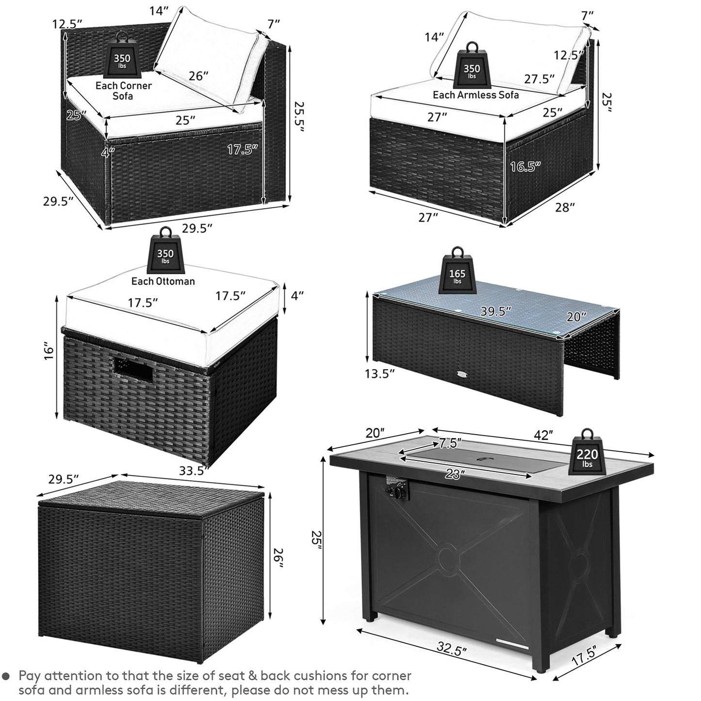 9 Pieces Outdoor PE Rattan Wicker Sectional Sofa with 42 Inch 60 000 BTU Gas Fire Pit Table