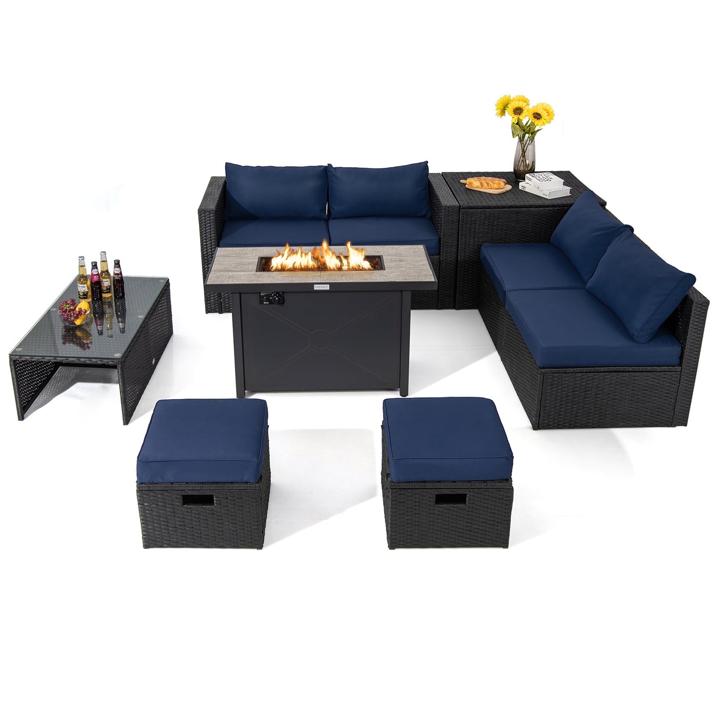 9 Pieces Outdoor PE Rattan Wicker Sectional Sofa with 42 Inch 60 000 BTU Gas Fire Pit Table