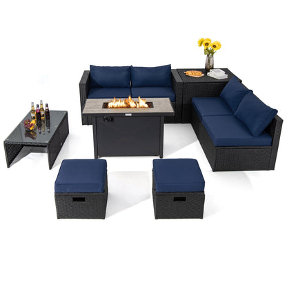 9 Pieces Outdoor PE Rattan Wicker Sectional Sofa with 42 Inch 60 000 BTU Gas Fire Pit Table