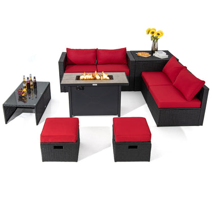 9 Pieces Outdoor PE Rattan Wicker Sectional Sofa with 42 Inch 60 000 BTU Gas Fire Pit Table