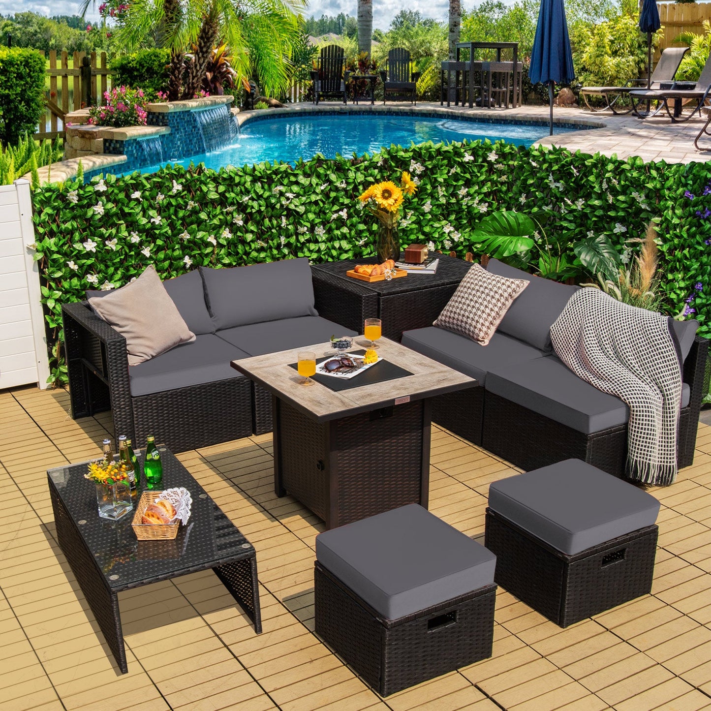 9 Pieces Outdoor PE Rattan Wicker Sectional Sofa with 42 Inch Gas Fire Pit Table