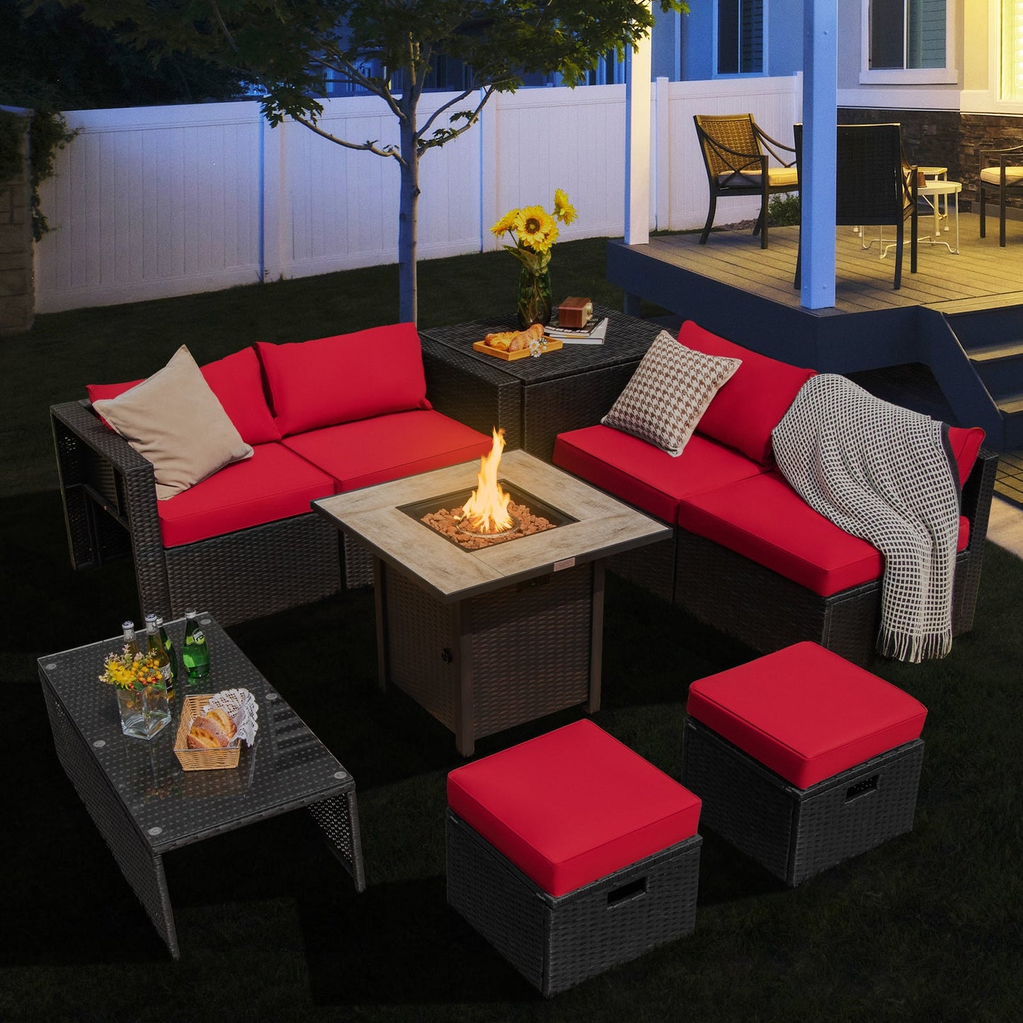 9 Pieces Outdoor PE Rattan Wicker Sectional Sofa with 42 Inch Gas Fire Pit Table
