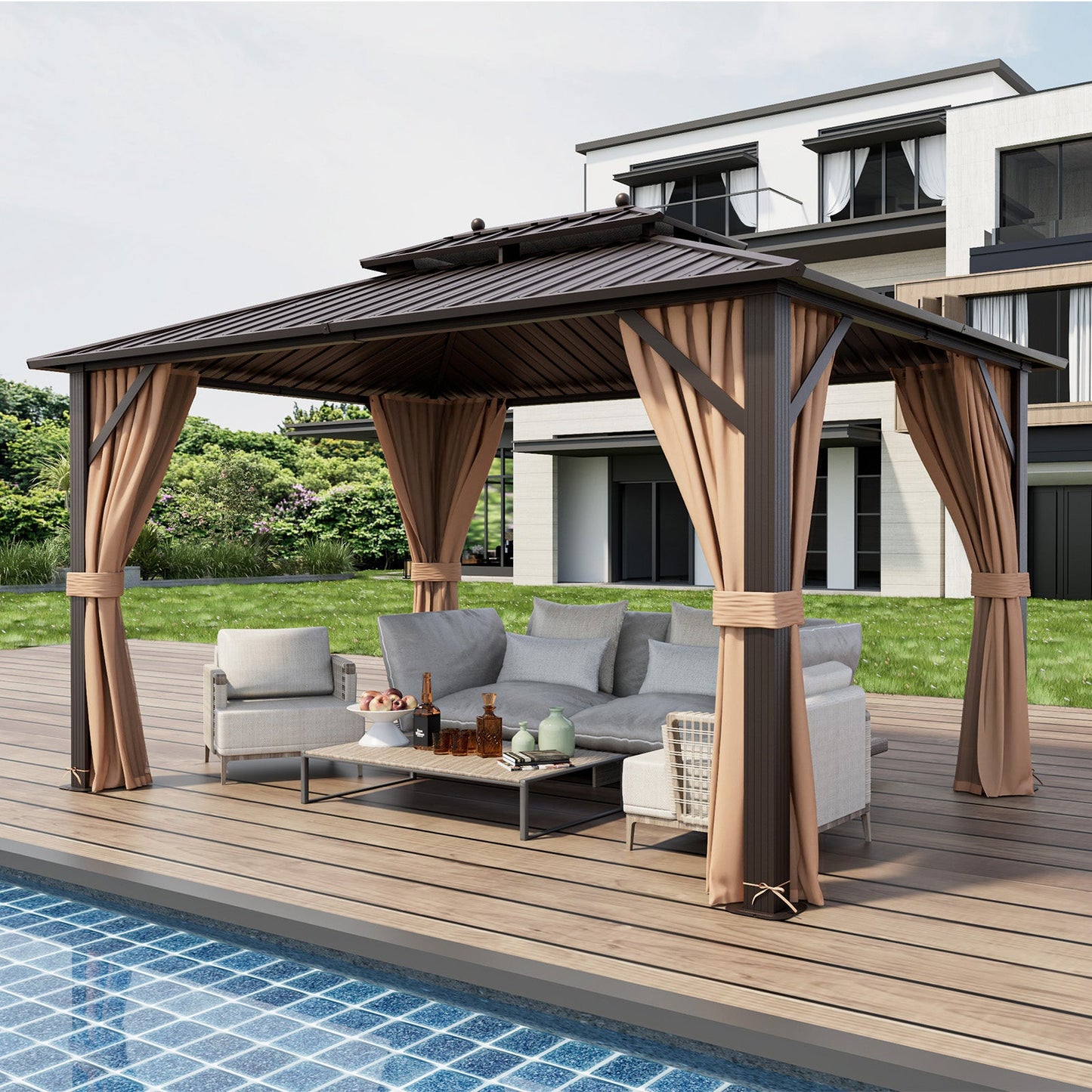 10'x13' Hardtop Patio Gazebo with Galvanized Steel Double Roof, Netting & Curtains – Coffee
