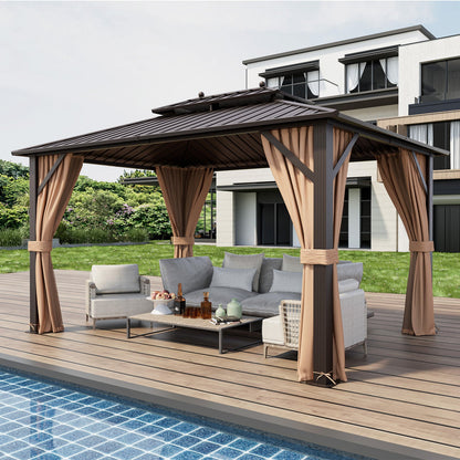 10'x13' Hardtop Patio Gazebo with Galvanized Steel Double Roof, Netting & Curtains – Coffee