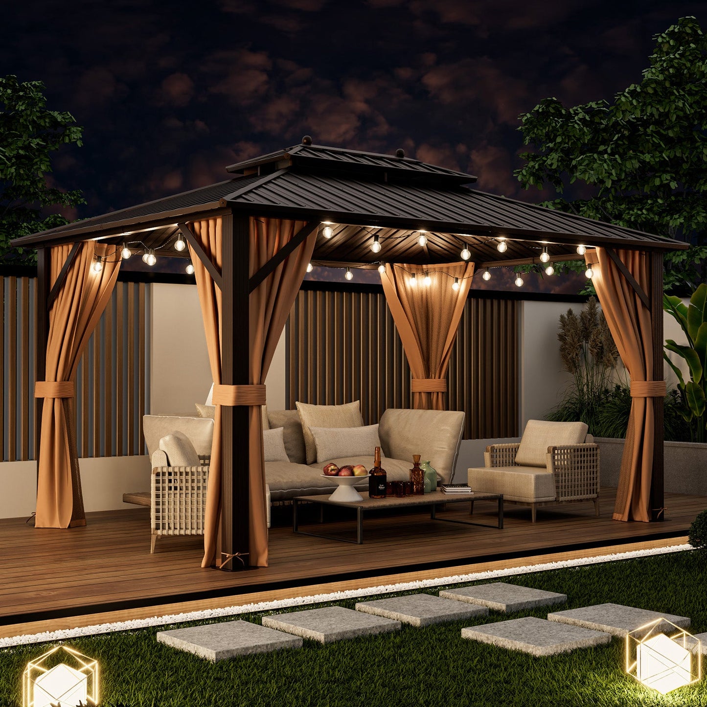 10'x13' Hardtop Patio Gazebo with Galvanized Steel Double Roof, Netting & Curtains – Coffee