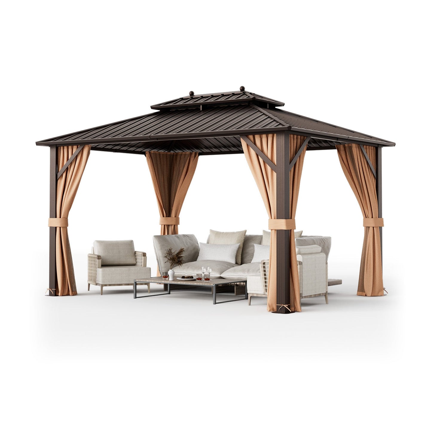 10'x13' Hardtop Patio Gazebo with Galvanized Steel Double Roof, Netting & Curtains – Coffee