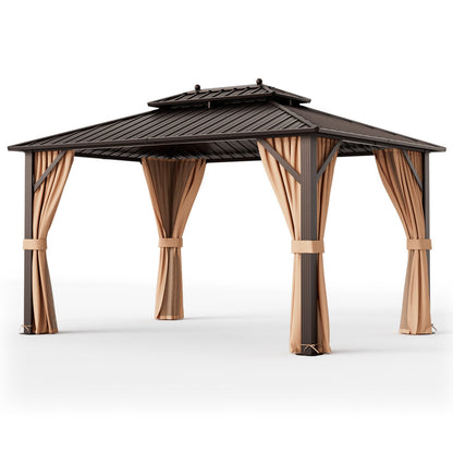 10'x13' Hardtop Patio Gazebo with Galvanized Steel Double Roof, Netting & Curtains – Coffee