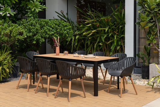 9-Piece Teak Outdoor Dining Set with Black Armchairs