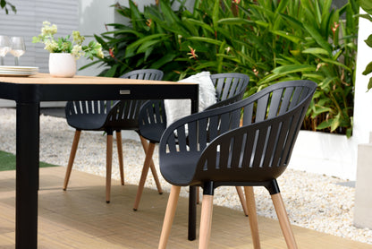Portals Dark Rectangular Teak Table and 8 Nassau Black Dining Set